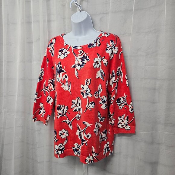 Lands' End Red Blue Tropical Floral Sweater Beach Cotton Summer M - Picture 5 of 11